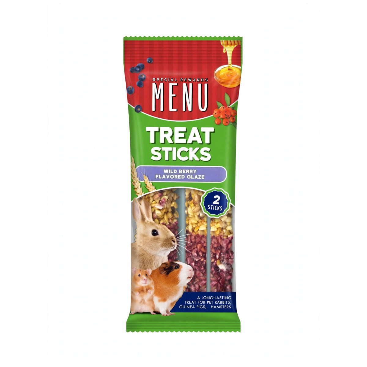 Vitakraft Menu Treat Sticks Wild Berry Flavored Glaze package, 2 sticks, a long-lasting treat for pet rabbits, guinea pigs and hamsters